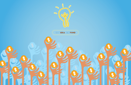 Crowdfunding concept with hands holding dollar coin raise up to give their support to idea light bulb.のイラスト素材
