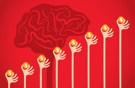Crowdfunding concept with hands holding dollar coin raise up to give their support to brain shape background.のイラスト素材