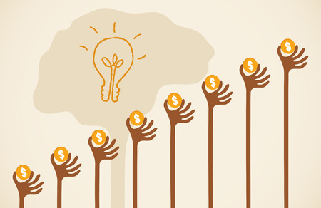 Crowdfunding concept with hands holding dollar coin raise up to give their support to brain light bulb idea.のイラスト素材