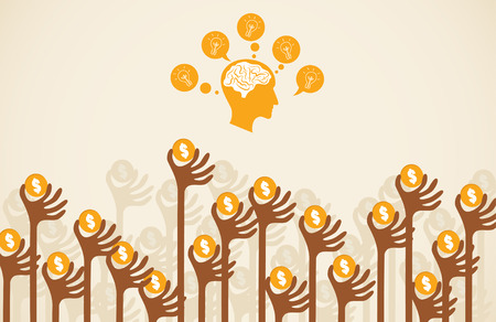 Crowdfunding concept with hands holding dollar coin raise up to give their support to brain and head graphic with light bulb.のイラスト素材
