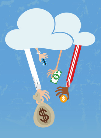 Crowdfunding concept with hands from cloud holding money to give their support.のイラスト素材