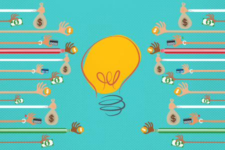 Crowdfunding concept with many hands giving money to a light bulb idea.のイラスト素材