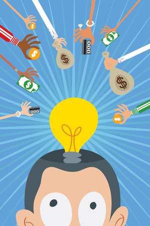 Crowdfunding concept with many hands giving money to a man with good idea represented with a light bulb in his head.のイラスト素材