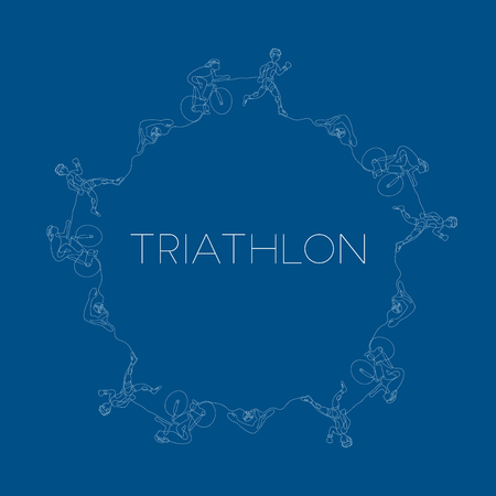 Triathlon graphic using single line to design and form the shape of triathletes are swimming running and cycling.のイラスト素材