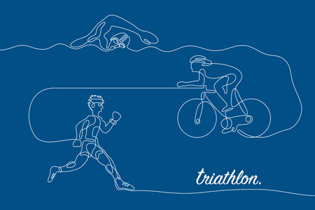 Triathlon graphic using single line to design and form the shape of triathletes are swimming running and cycling.のイラスト素材