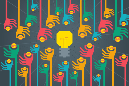 Crowdfunding cocept. Colorful graphic of many hands in poly shape around light bulb to give their fund to support good idea.のイラスト素材