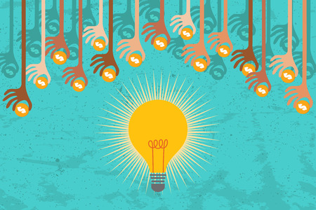 Crowdfunding cocept. Many hands from the top give their fund to support good idea.のイラスト素材