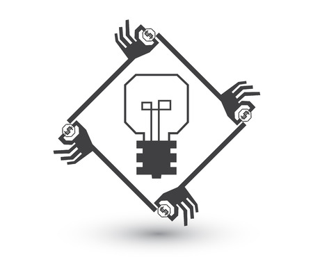 Crowdfunding cocept. Simple graphic of many hands in poly shape around light bulb to give their fund to support good idea.のイラスト素材