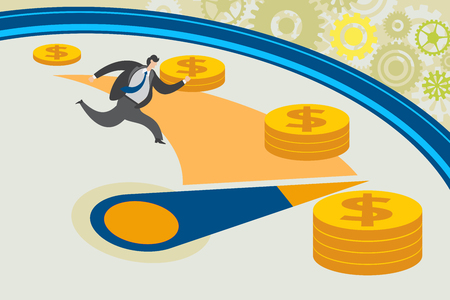 Business concept. Time is money. Businessman is chasing a clock hand with dollar coin around.のイラスト素材