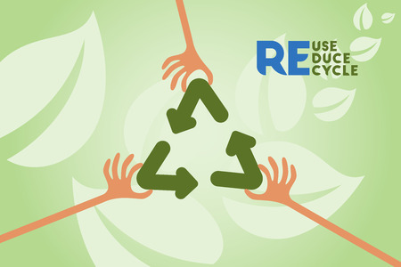 Recycle sign with hands holding together to represent collaboration with reuse, reduce, recycle text for green energy and save environment concept.のイラスト素材