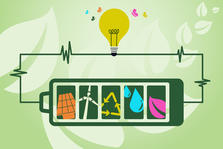 Save environment and green energy concept. Using battery power to show an alternative way of producing electricity using green energy technology to light up the bulb.のイラスト素材
