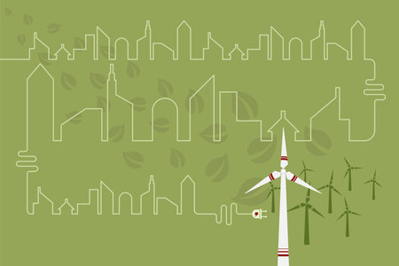 Save environment and green power concept. An electric cord line in shape of city connected to windmill for green power.のイラスト素材