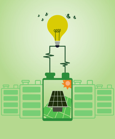 Save environment and green energy concept. Using battery power to show an alternative way of producing electricity using solar cell to light up the bulb.のイラスト素材