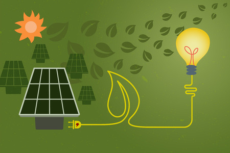 Save environment and green power concept. An electric cord line in shape of leaf from light bulb connected to solar cell for green power.のイラスト素材
