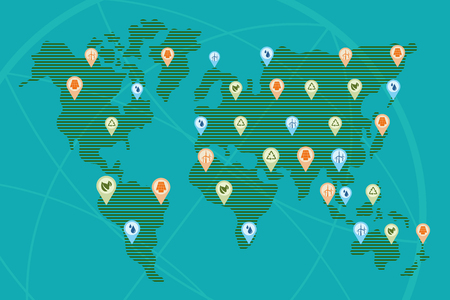 Save environment and green power concept. World map with icons of green energy spread over the world.のイラスト素材