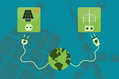 Save environment and green power concept. Electricity power cord from the world connecting to green power source which are solar cell and windmill.のイラスト素材