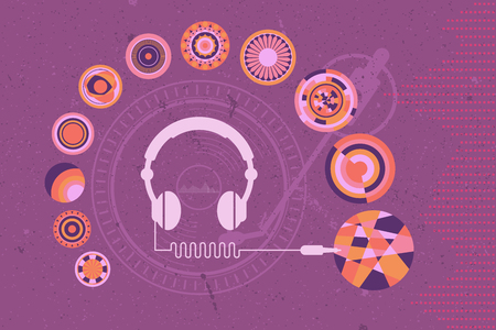 DJ Headphone connecting to various style of music vinyl with turntable and sound wave as background.のイラスト素材