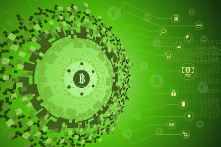 Fintech. Financial Technology concept. Futuristic technology graphic with bitcoin or digital money linking to gadgets icon and international currency coin floating on background.のイラスト素材
