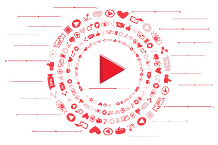 Video and online marketing icons floating around with play icon and progress bar in the middle.のイラスト素材