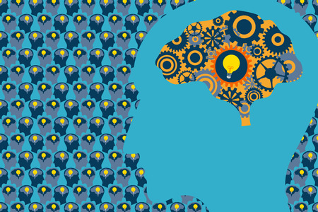 General Business and Management concept. A large human head with mechanical gear inside the brain and many human heads with light bulb inside brain on background.のイラスト素材