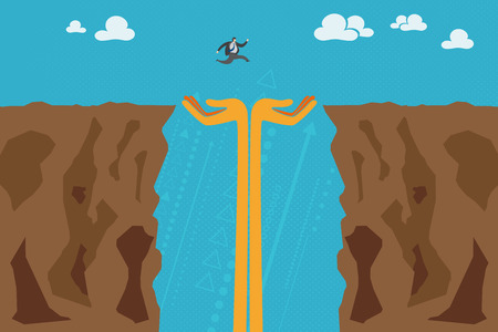 Business and investment concept. A businessman jump across the cliffs with two hands raise up to support and for protection.のイラスト素材