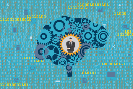 General Business and Management concept. A Businessman in mechanical gears inside a brain with digital data and technology icons floating as background.のイラスト素材