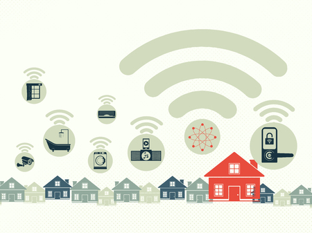 Smart home and Internet of Things concept. Group of houses and smart home appliance technology inside the wifi symbol.のイラスト素材