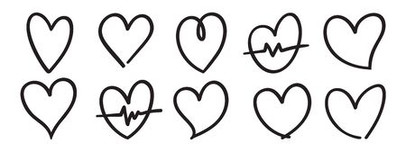 Heart icons set. Hand drawn hearts doodles collection. Medical health care and  love passion concept. Romance and love icon vector illustrations.のイラスト素材
