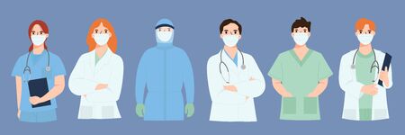 Group of Doctors and nurses flat design vector. Medical team concept with Hospital Healthcare Staff Set. Thank you doctor for fighting the Coronavirus concept. Vector illustrationのイラスト素材