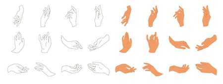 Various gestures of human hands isolated on a white background. Hand hold, Hand open and use Gel bottle or alcohol gel bottle, Vector design elements for infographic, ads, interactive and website. のイラスト素材