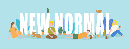 New normal vector. After COVID-19 pandemic concept. New normal hand lettering. Social distancing and...