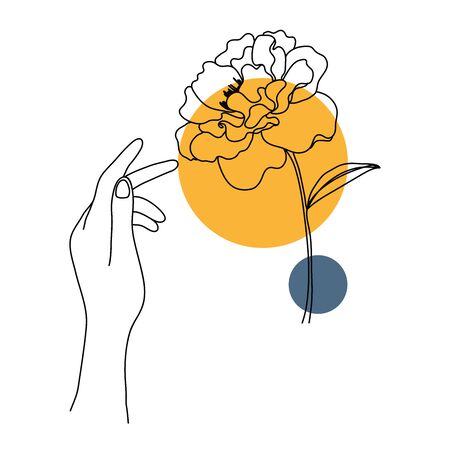 Hand holding flower icon Line art. Abstract minimal floral design for cover, prints, fabric and wallpaper. Vector illustrationのイラスト素材