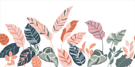 Tropical seamless background pattern vector. Fashionable exotic plants and leaves wallpaper.のイラスト素材