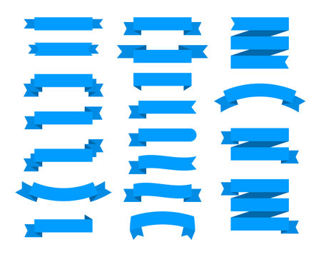 Flat vector ribbons banners flat isolated on white background, Illustration set of blue tapeのイラスト素材