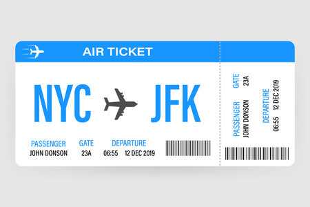 Modern and realistic airline ticket design with flight time and passenger name. vector illustration.のイラスト素材