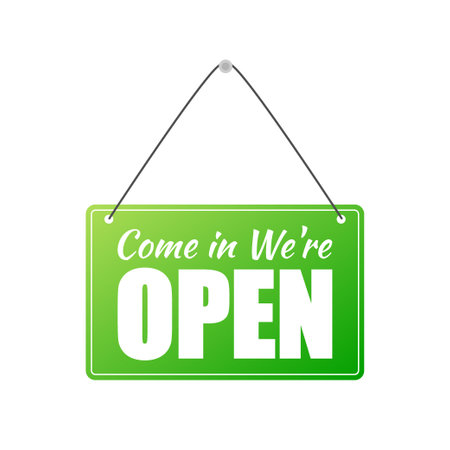 Vector open door sign. Label with text in flat style. Vector illustration.のイラスト素材