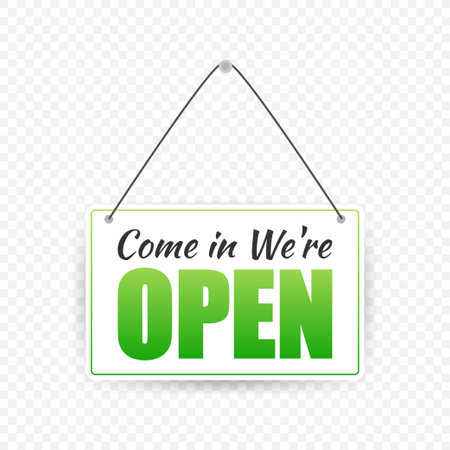 Open door sign. Door sign. Label with text in flat style.のイラスト素材