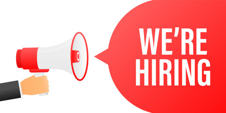 Hand holding megaphone with We're hiring.のイラスト素材
