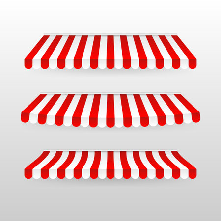 Red and white sunshade. Outdoor awnings for cafe and shop window isolated vector set. Tent sunshade for market, stripe summer scallop for store illustrationのイラスト素材