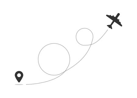 Airplane line path vector icon of air plane flight route with start point and dash line traceのイラスト素材
