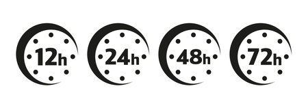 12, 24, 48 and 72 hours clock arrow. Vector work time effect or delivery service time iconsのイラスト素材
