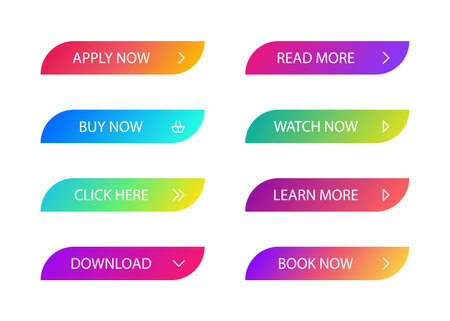 Different gradient colors and icons on white forms with shadows. Set of vector modern material style buttonsのイラスト素材