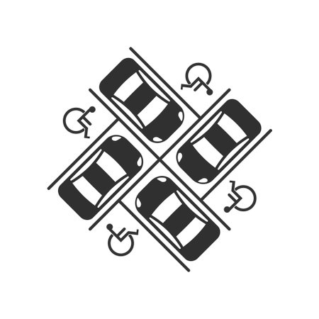 Parking lot design with wheel chair sign parking spot. Many cars parked. Vector Illustrationのイラスト素材