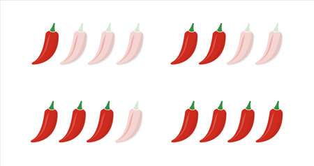 Set of hot red pepper strength scale. Indicator with mild, medium and hot icon positions isolated on white backgroundのイラスト素材