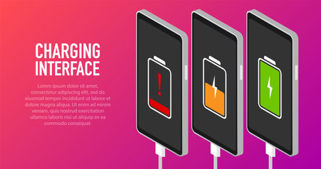 Discharged and fully charged battery smartphone - vector infographic. Isolated on pink backgroundのイラスト素材
