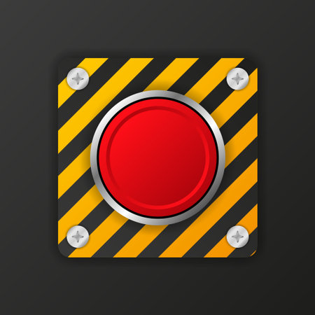 Yellow alarm button on red background. Vector web button. Click, Stop sign
