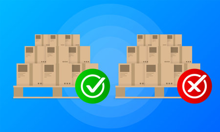 Two parcels with yes or no signs on a blue background. Delivered or not. Vector illustrationのイラスト素材