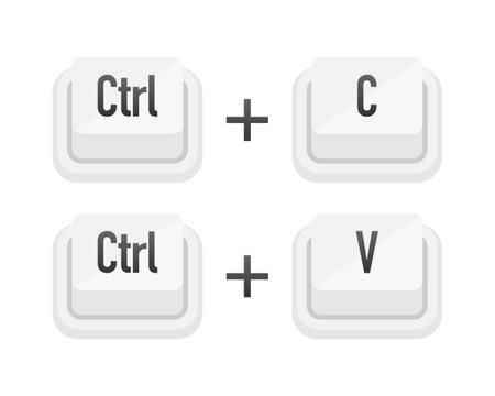 Ctrl plus C and Ctrl plus V white 3D button on white background. Computers particles keyboards. Vector illustrationのイラスト素材