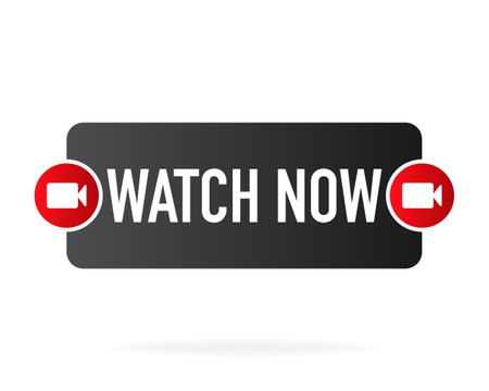 Watch now banner in flat style on white background. Play video. Web media. Online translation. Vector illustrationのイラスト素材