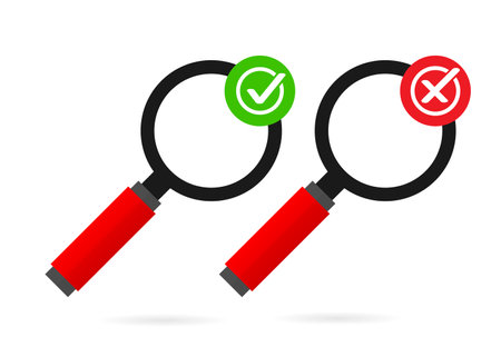 Magnifying glass and a tick and cross icons. Test concept. Search for an answer. Yes and No sign. Dos and Donts. Vector illustrationのイラスト素材
